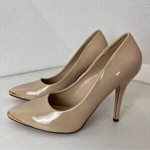 Shiekh nude faux patent ultra high heels gold tone toe plate 10